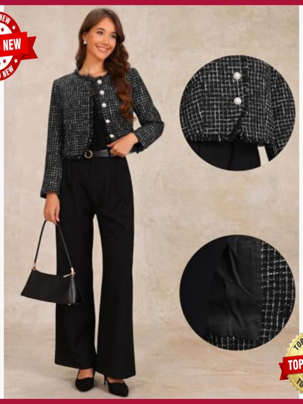 Cropped Plaid Tweed Jacket, Button Up, Long Sleeve, Work Casual - Picture 2 of 5